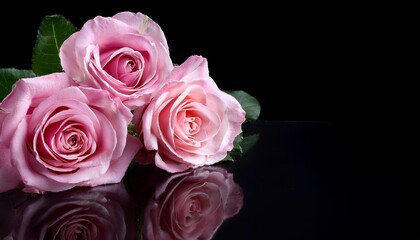 Naklejka premium Colorful roses adorned with dew drops, placed on a reflective black surface, evoking romantic and serene emotions perfect for special occasions or floral-themed projects, isolated on black background