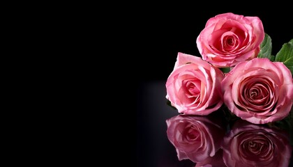 Obraz premium Colorful roses adorned with dew drops, placed on a reflective black surface, evoking romantic and serene emotions perfect for special occasions or floral-themed projects, isolated on black background
