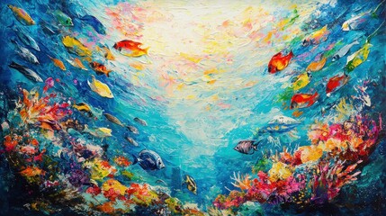 Naklejka premium Vibrant underwater scene with colorful fish and coral reef.