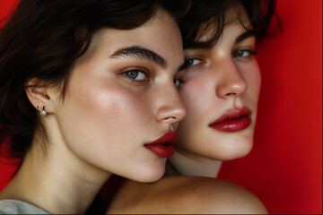 portrait of in love female couple on color background