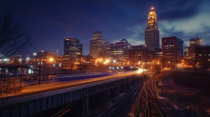 Fototapeta premium Skyline of Hartford, Connecticut at Dusk: A Glimpse of Urban Architecture and Financial Landmarks
