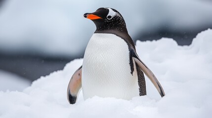 Fototapeta premium Portrait of a Gentoo Penguin in Antartica: A Captivating Wildlife Scene Amidst the Cold, White Snow