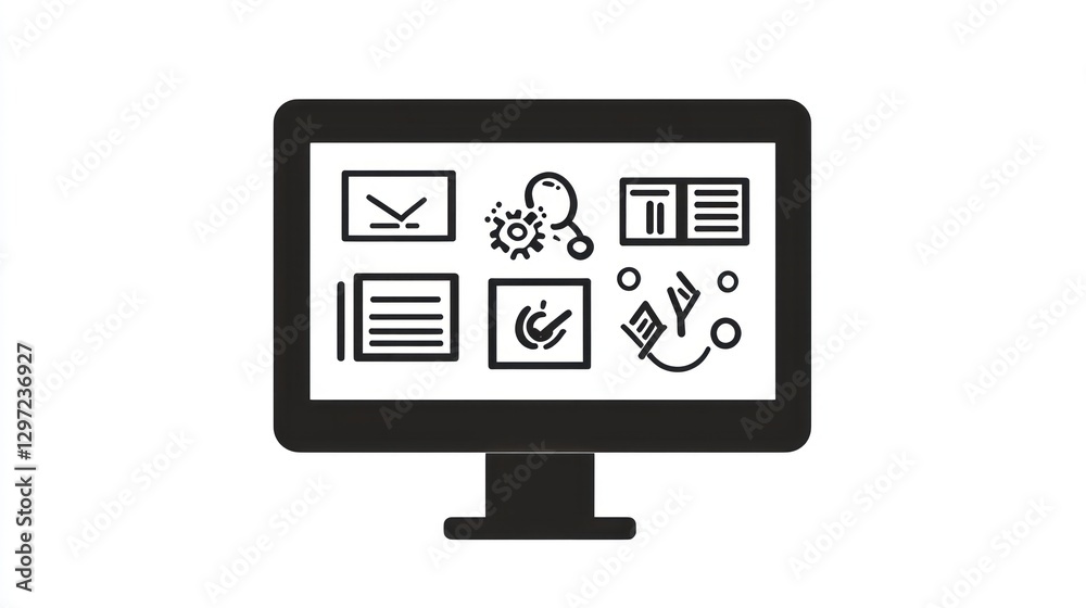 Poster computer screen displaying diverse app icons; workflow, productivity, digital workspace; website bac