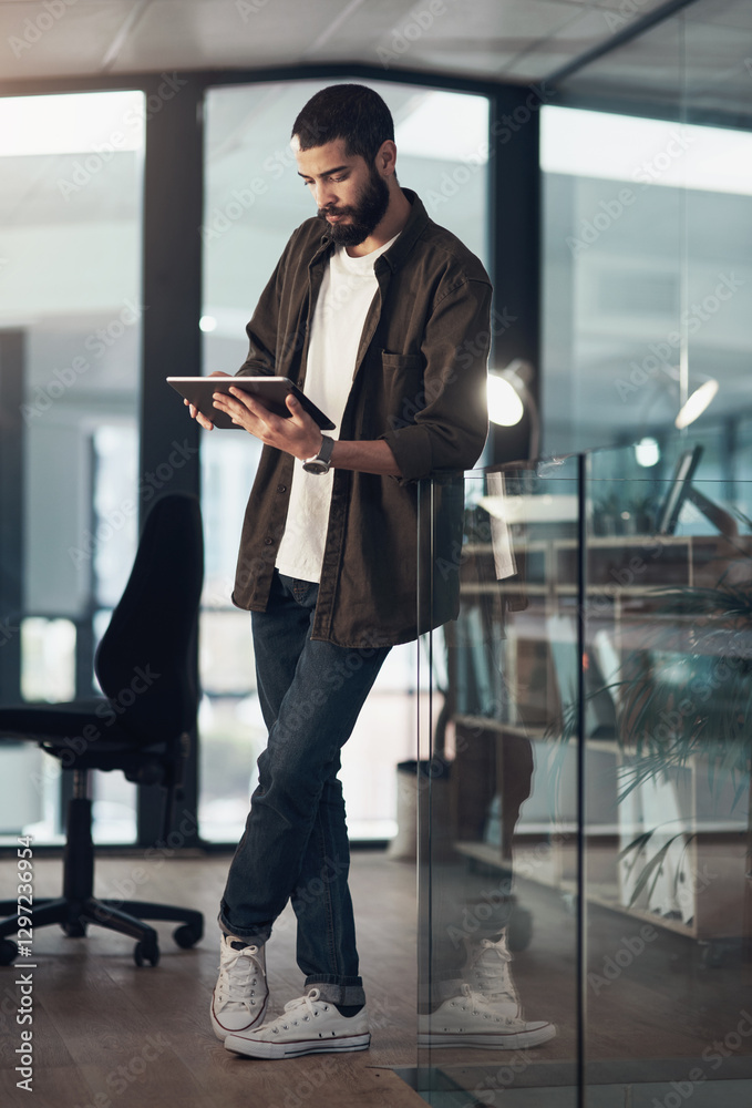 Aufkleber Research, tablet and reading with business man in office for schedule, planning and editor feedback. Idea, author advisor and publisher with person in media agency for printing production list