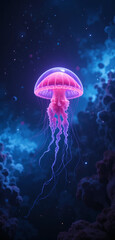 Naklejka premium Neon-colored Jellyfish Floating in the Infinite Void of Space