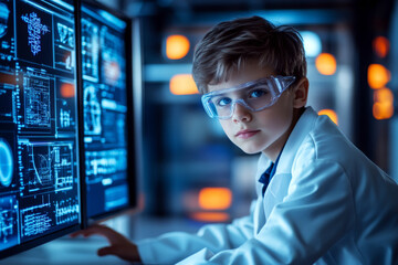 Young boy in a lab coat and safety glasses looks at multiple digital screens, featuring complex data and diagrams, in a dimly lit futuristic setting.