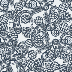 Turkish Cucumber Paisley seamless vector pattern in traditional Oriental style. Decorated with flowers, leaves, and fantasy elements, for fabric, textile and wallpaper covers