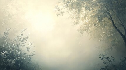 Fototapeta premium The painting shows trees and leaves in a foggy setting