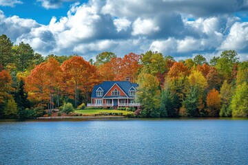 Fototapeta premium Serene Shoreline Retreat: Scenic House Overlooking Lake Norman's Vibrant Blue Waters and Lush Green Forest in Cornelius, North Carolina