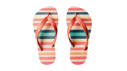Colorful flip-flops with striped pattern, perfect for beach or poolside, isolated on white background, PNG format, top view