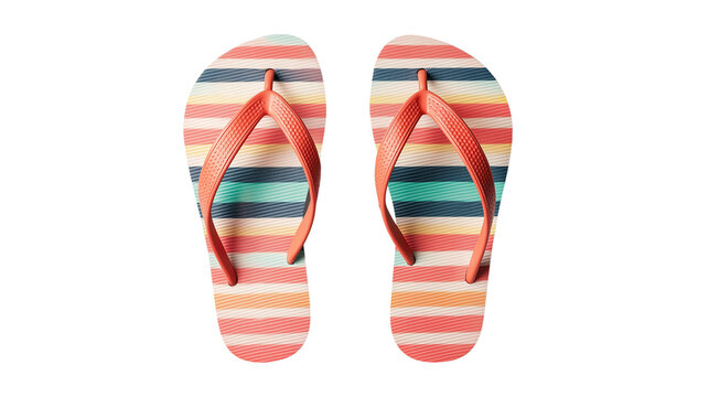 Colorful flip-flops with striped pattern, perfect for beach or poolside, isolated on white background, PNG format, top view