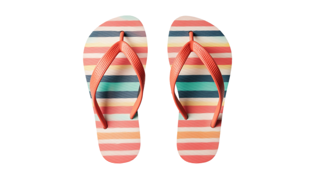 Colorful flip-flops with striped pattern, perfect for beach or poolside, isolated on white background, PNG format, top view - Powered by Adobe