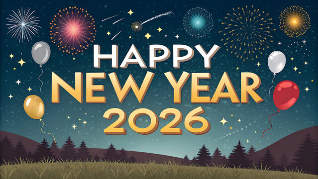 happy new year, new year's eve, silvester, new year, celebration greeting card, new year card - Year 2026 in sparkler font and firework fireworks pyrotechnic, isolated on black night sky background.
