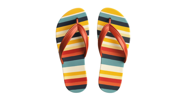 Colorful flip-flops with striped pattern, perfect for beach or poolside, isolated on white background, PNG format, top view