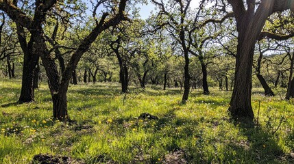 Fototapeta premium Sunny woodland with wildflowers and oak trees.