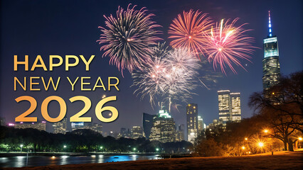 happy new year, new year's eve, silvester, new year, celebration greeting card, new year card - Year 2026 in sparkler font and firework fireworks pyrotechnic, isolated on black night sky background.
