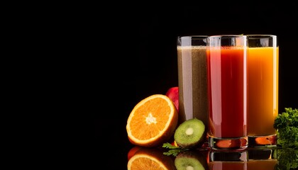 Fototapeta premium An arrangement of glasses of colorful fresh juices with matching fruits displayed beautifully on a black background in a studio setting. The composition emphasizes health, nutrition, and freshness