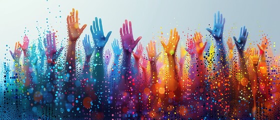 many human hands raised up, colorfull