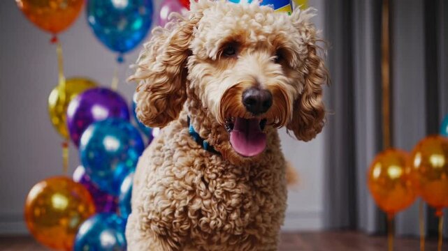 Happy Cute Labradoodle Dog Wearing Colorful Party Hat, Fixed Camera Pet Footage, Adorable Puppy Celebration Portrait, Funny Animal Birthday Scene, Cheerful Dog Video, Playful Home Environment 
