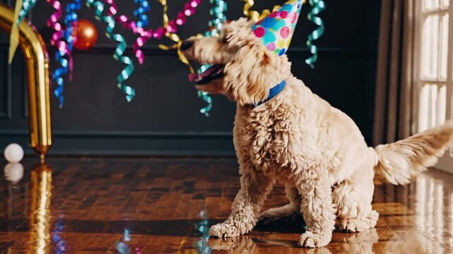 Happy Cute Labradoodle Dog Wearing Colorful Party Hat, Fixed Camera Pet Footage, Adorable Puppy Celebration Portrait, Funny Animal Birthday Scene, Cheerful Dog Video, Playful Home Environment 