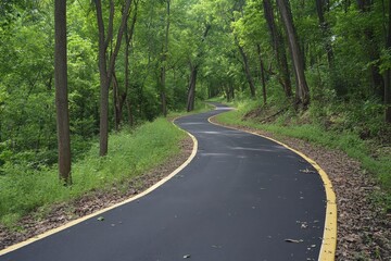 Obraz premium Scenic Greenway: A Paved Pathway Meandering Through a Lush Forest Landscape in Summer