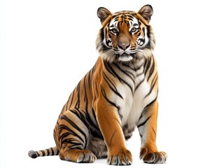 Obraz premium Majestic Tiger at Rest: A Proud Big Cat Posed Elegantly on a White Background