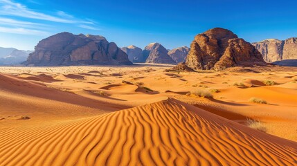 Naklejka premium Surreal Desert Landscape with Towering Rock Formations Under Blue Sky