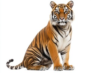 Fototapeta premium Majestic Tiger at Rest. Striking Portrait of a Big Cat Poised Proudly Against a White Background