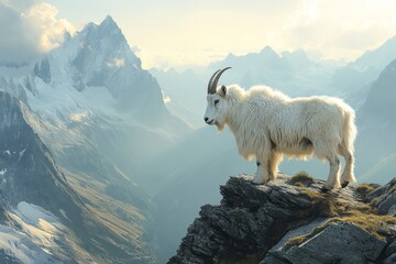 A white mountain goat stands on a rocky mountain peak