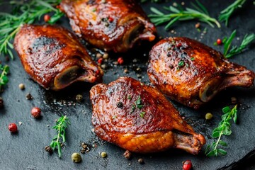 Juicy grilled chicken quarters sit on a dark slate tray, seasoned with a blend of herbs and spices, ready to be served. Fresh greens and colorful spices enhance the presentation