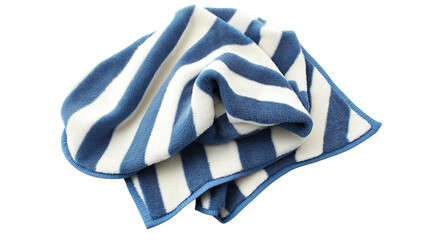Soft beach towel with blue and white stripes, folded neatly, isolated on white background, PNG format, top view
