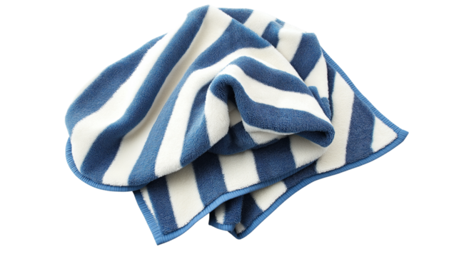 Soft beach towel with blue and white stripes, folded neatly, isolated on white background, PNG format, top view