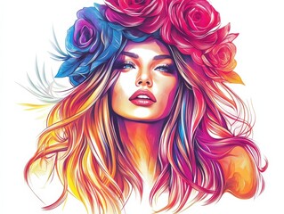 Fototapeta premium Vibrant Floral Portrait of a Woman with Colorful Hair and Roses
