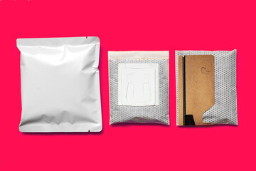 Packaging drip bag, three simple coffee isolated on colorful background. Mock up, empty plastic pack. place template for text, logo