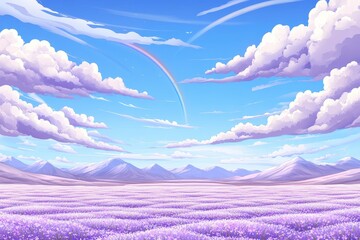 Serene Lavender Field Under a Bright Blue Sky with Clouds