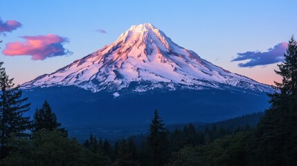 Fototapeta premium Snowy Mountain Peak Bathed in Soft Pink Light at Sunset