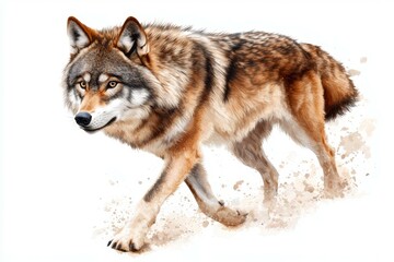 Wolf is walking through the sand, looking to the right