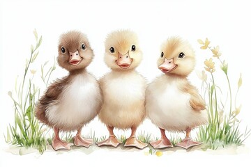 Three baby ducks standing in a field of grass