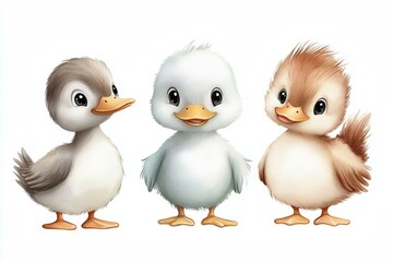 Fototapeta premium Three ducklings are standing next to each other
