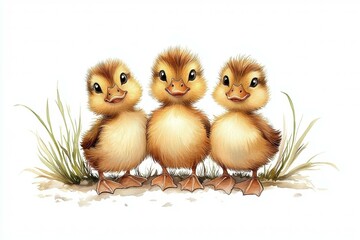 Three baby ducks are standing in a field of grass