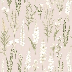Serene Floral Garden with Delicate White Blooms and Botanical Greenery on a Soft Pink Background