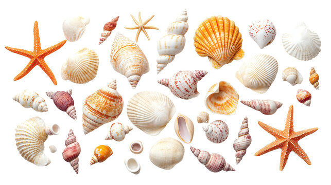 Seashell collection with starfish and small colorful shells, perfect beach memories, isolated on white background, PNG format, top view