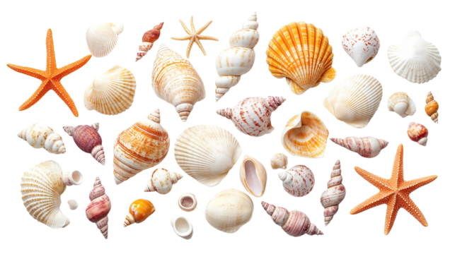 Seashell collection with starfish and small colorful shells, perfect beach memories, isolated on white background, PNG format, top view