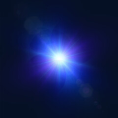 Bright blue lens flare light reflection. Abstract glow and star effect for illustrations and game interface design. Vector