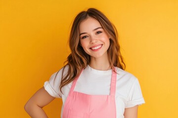 Joyful Young Maid in Pink Apron and Sneakers Against Vibrant Yellow Background