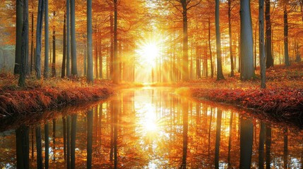 Sunburst over autumnal forest stream.
