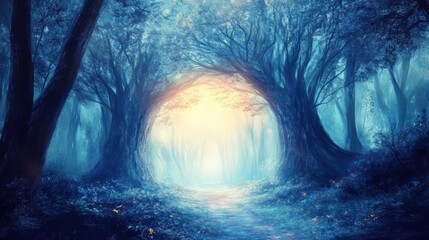 A Mystical Forest Scene Displaying An Enchanting Pathway To Light