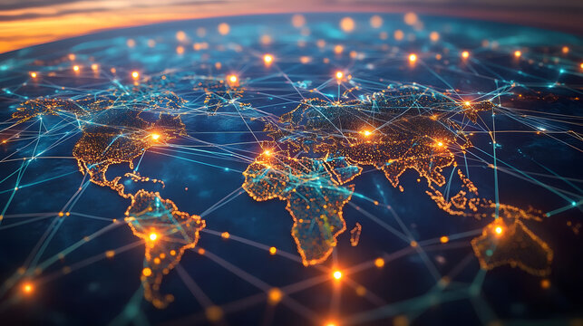 Intricate global value chains connecting manufacturers, suppliers, and distributors across borders - conceptual illustration of international trade and supply chains
