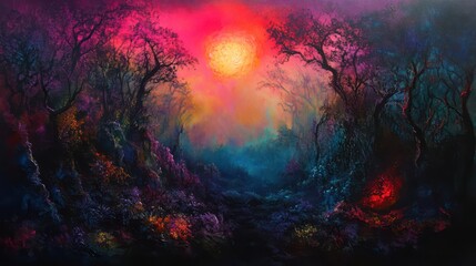 Fototapeta premium A vibrant colorful forest with an illuminated bright sun setting