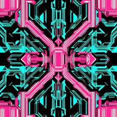 Abstract Geometric Circuit Board Design Featuring Intersecting Lines in Cyan and Pink On Black Backdrop